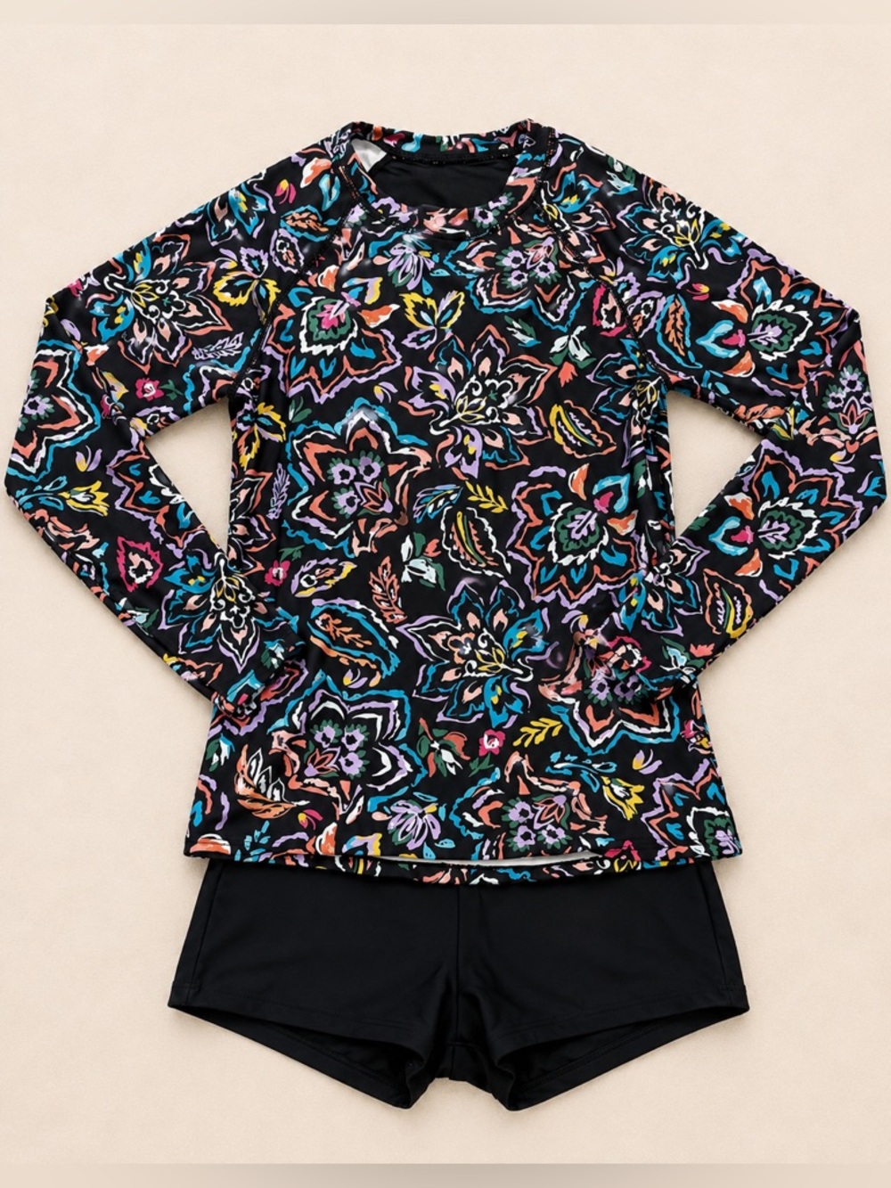 Daci Floral Rash Guard Swim Set Long Sleeve w/ Shorts Black Multicolor E146